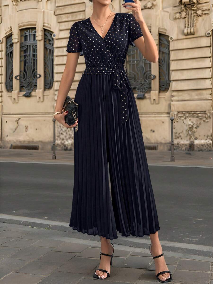 SHEIN Clasi Elegant Women's Black Hot Stamping Pleated Jumpsuit, With A Folded Waistband And Drawstring At The Front, Suitable For Various Occasions - Black - View 1