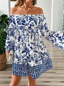 SHEIN Clasi Elegant Women Off Shoulder Frill Trim Flounce Sleeve Bell SleevesBlue And White Positioning Flower Print Bohemian Dress,Suitable For Various Occasions Such As Music Festivals, Vacations, And Daily Wear, Etc - Multicolor - View 5