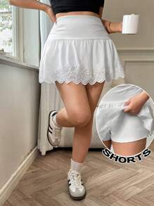 Comfortcana Plus Size Women Beach Vacation Outfits,White Embroidered Short A-Line Skirt, Casual,Spring Summer Clothes - White - View 3