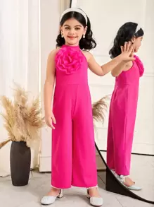 SHEIN Young Girl's Sleeveless Jumpsuit With Elegant Organza 3D Floral Decoration & Stand Collar