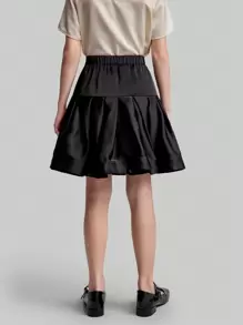 Maija Kids Maija Kids Black Satin Tween Girl Flared Skirt With Elevated Ruched Design, Elegant & Versatile For Outgoing, Spring/Summer - Black - View 4