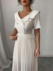 Elenzga 女士优雅通勤短袖领口荷叶边下摆口袋装饰纯色连衣裙