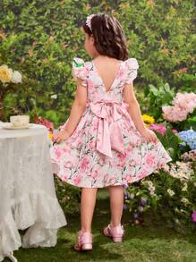 Young Girl Ditsy Floral Round Neck Ruffle Trim Bowknot Design Woven Dress - Multicolor - View 5