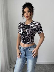 SHEIN Unity Leopard Print Short Sleeve T-Shirt, Casual And Fashionable For Daily Wear - Multicolor - View 4