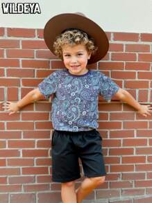 SHEIN 2pcs Young Boys Spring & Summer Vacation Casual Retro Printed T-Shirt Paired With Gray Pants Set, Suitable For Outdoor Activities, Daily Wear And Vacation