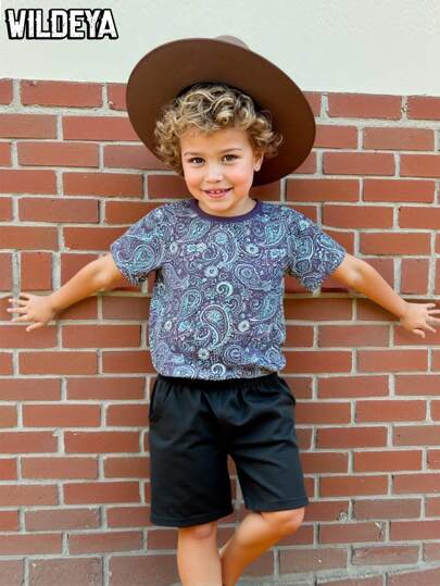 SHEIN 2pcs Young Boys Spring & Summer Vacation Casual Retro Printed T-Shirt Paired With Gray Pants Set, Suitable For Outdoor Activities, Daily Wear And Vacation