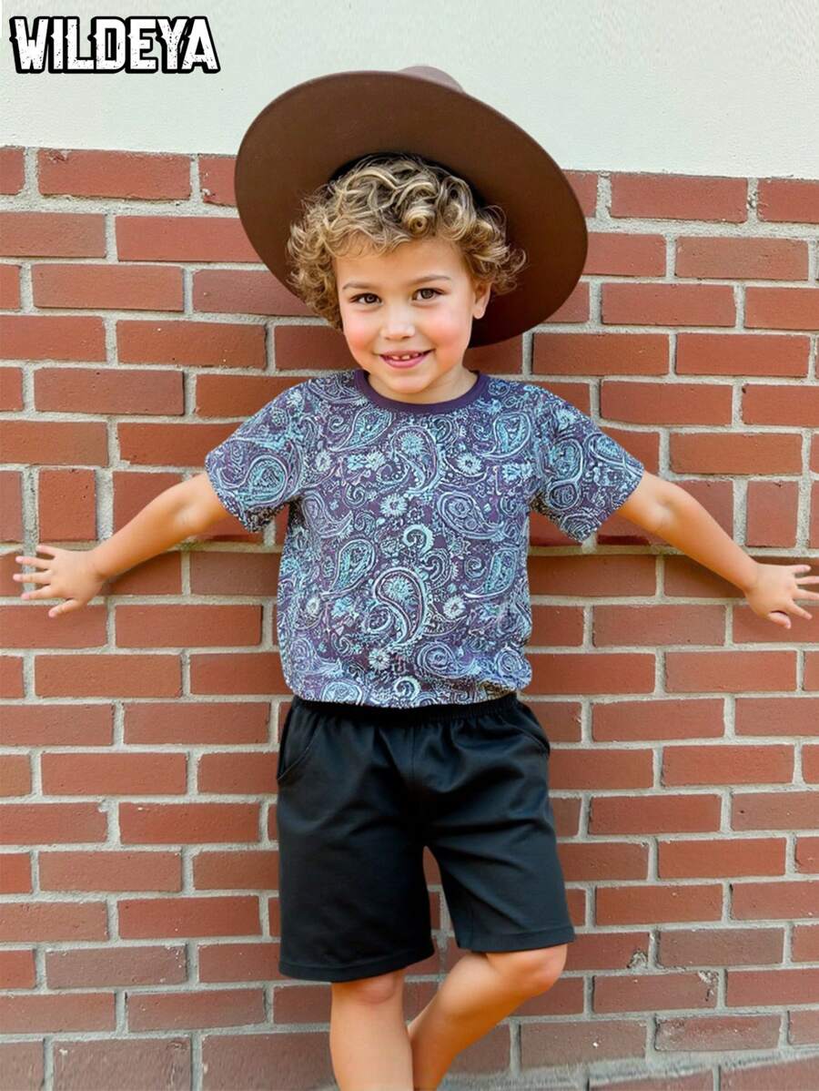 SHEIN 2pcs Young Boys Spring & Summer Vacation Casual Retro Printed T-Shirt Paired With Gray Pants Set, Suitable For Outdoor Activities, Daily Wear And Vacation