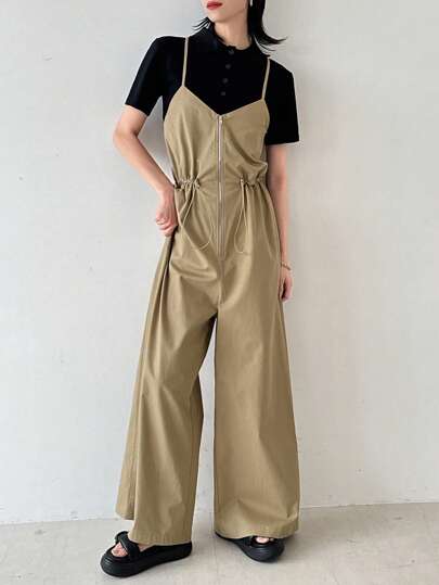 FRIFUL 1pc Women Casual Solid Color Drawstring Waist Jumpsuit