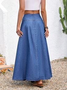 EMERY ROSE 女式牛仔裙休闲度假宽松长裙蓝色腰带蝴蝶结长裙休闲度假风春夏西服女节日裙波西米亚风牛仔女夏乡村 - 中等水洗藍 - 查看 2