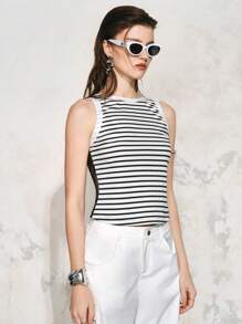 SHEIN LUNE 女式条纹蕾丝背心休闲背心，春夏，女士夏季服装 - 黑與白 - 查看 7