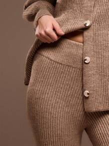 MUSERA High Rise Rib Knit Button Waistband Detail Flared Jogger Only Spring Summer Cute Airport - Coffee Brown - View 5