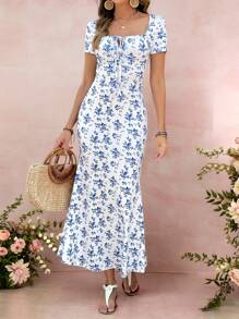 EMERY ROSE Women Floral Allover Print Tie-Front Short Sleeve Casual Dress