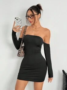 Comfortcana Vestido corto entallado de manga larga con hombros descubiertos, de color liso, de moda - Negro - Ver 3