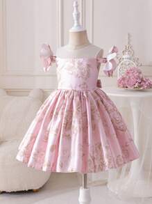 SHEIN Glamorique Kids Girls Lovely Vacation/Wedding Party Dress, High Quality Pink Flower Girl Banquet Dress With 3D Floral Decor, Suitable For Special Occasions - Pink - View 1