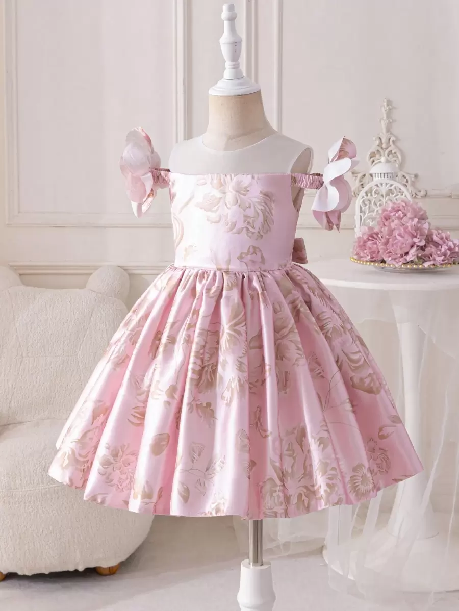 SHEIN Glamorique Kids Girls Lovely Vacation/Wedding Party Dress, High Quality Pink Flower Girl Banquet Dress With 3D Floral Decor, Suitable For Special Occasions - Pink - View 1