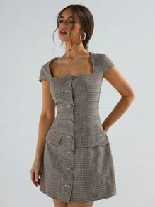 Athîral Women's Brown  Gingham Square Neck Plaid Single Breasted Puff Sleeve Fashionable Mini Dress  Western Wear - Multicolor - View 2