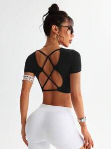SHEIN Sports Top de sport récolté femme avec dos croisé bicolore - Bleu azur - Voir 4