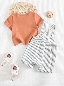 Cozy Pixies Set de 2 piezas para bebé niño: Top de manga corta de cuello redondo suave con estampado de oso de dibujos animados y peto corto tipo tirantes