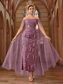 Modelyn Vestido elegante para mujer con hombros descubiertos, parches de malla y decoración de lentejuelas con flores para fiesta - Morado - Ver 3