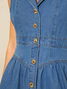 Poéselle Women's Blue Denim Dress, Retro Sleeveless Suit Collar, Single-Breasted Denim Dress, Waisted Mid-Length Dress, High-Quality Denim Fabric, Soft And Skin-Friendly, Breathable, Comfortable To Wear, Whether For Daily Commuting Or Casual Outings, This Dress Can Be Easily Matched To Show A Variety Of Styles. - Blue - View 2
