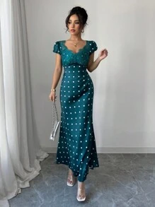 Elenzga Women's Elegant Fashion Commuter Holiday Party Dating V-Neck Waist Gathered Ruffled Hem Lace Patchwork Polka Dot Dress - Dark Green - View 6