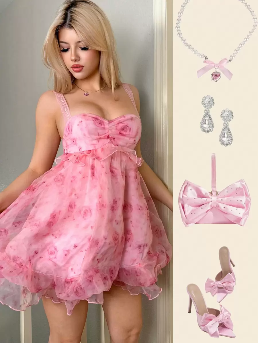 Sweetina Trang phục nghỉ xuân cho phụ nữ Thời trang Y2k Đi chơi Váy hồng tay bồng in bèo nhún vải organza dây mảnh Quần áo ngày lễ tình nhân Váy tốt nghiệp Trang phục mùa xuân cho phụ nữ - Hồng - Xem 1