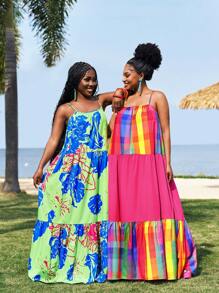 Slaydiva Plus Size 2025 New Vacation Casual Sleeveless Loose Solid/Rainbow Print Patchwork A-Line Dress For Summer