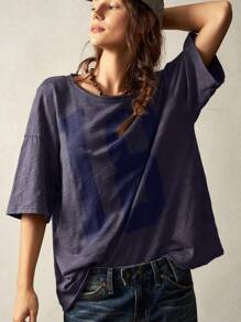 Bohemela Áo thun nữ cổ tròn tay ngắn màu trơn đơn giản rộng rãi thông thường - Màu xanh lam - Xem 6