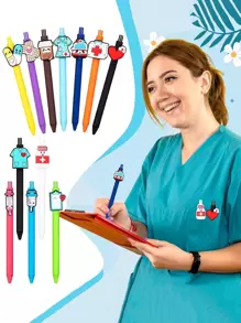 1/6/12pcs Random Style Cartoon Nurse Creative Simple Press Neutral Pen Black Pen Macaron Ballpoint Pen - Multicolor - View 1