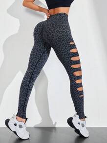 Slayoga 1 pezzo Leggings corti e strappati con stampa leopardata per la corsa