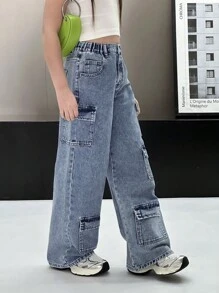 Tween Girl Y2K Casual All-Match Versatile Personalized Sweet Chic Multi-Pocket Design Soft Washed Loose Straight Leg Jeans, Hot Spring/Summer 2025 Collection Suitable For Everyday Wear - Medium Wash - View 6