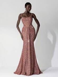 Elitara 优雅迷人的弹力亮片褶饰美人鱼裙，婚礼宾客礼服，适合婚礼、派对、节日、舞会、正式场合、派对礼服、晚礼服