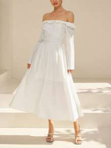 Aveloria Rosie Vestido de manga larga con diseño de volantes, hombros descubiertos, cintura fruncida y falda acampanada, en textura de satén blanco, de estilo retro francés elegante y romántico, adecuado para la temporada de bodas