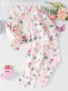 2pcs/Set Baby Girls Apricot Rabbit & Floral Print Ruffled Collar Long Sleeve Top And Pants, Casual Loungewear - Multicolor - View 4