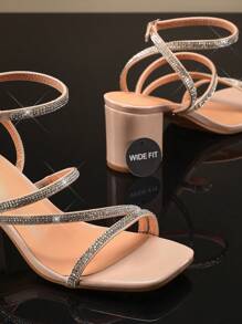 SHUZIA Women Comfortable Block Heel Wide Fit Elegant Rhinestone Nude Mother's Day Present - Beige - View 4