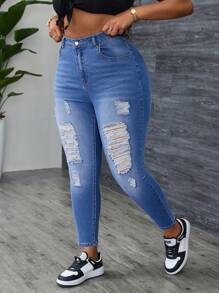 SHEIN SXY Plus Size Casual Washed Ripped Skinny Fit Jeans - Medium Wash - View 1