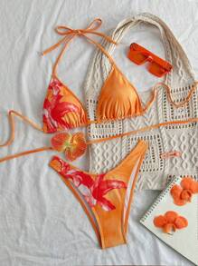 Swim EVENT Spring Break Summer Vacation Floral Print Halter Neck Tie-Up 3-Piece Bathing Suit With High Cut Bottoms Bikini Set - Multicolor - View 2