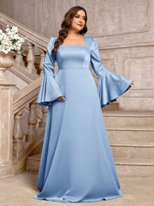 SHEIN Belle Váy phù dâu tay loe màu tím Taro thanh lịch cỡ lớn - Màu xanh nhạt - Xem 5