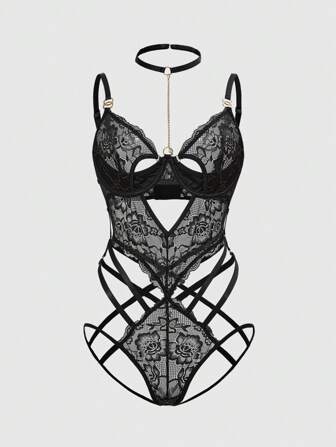 Goth Combinaison gothique noire en dentelle avec chaîne métallique, soutien-gorge à armatures, entrejambe ouvert, sexy
