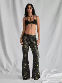 Lunelith SHEIN Lunessa Boho Style Women's Low Waisted Starry Moon Print Stretchy Flare Pants, Comfortable For Summer Rave Outfits Festival Fall Cloth For Women