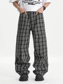 Chillumni Men's Plaid Washed Relaxed Straight Leg Jeans, Urban Chill - Black - View 2