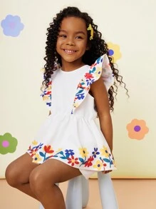 SHEIN Cutesy Cutie 2pcs Young Girl Set: Ditsy Floral Ruffle Trim Blouse And Loose Shorts - Multicolor - View 2