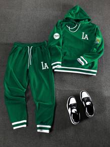 Manfinity Hypemode Men's Casual Letter Print Drawstring Hoodie And Sweatpants Tracksuit Set, Men Green Two Piece Set, Men Green Co Ords, Men Green Tracksuit, Green La Hoodie And Joggers Set, La Two Piece Set - Green - View 1
