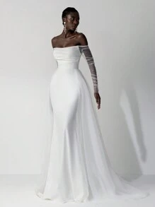 Elitara Elegant Luxurious Bubble Bead Design Long Sleeve Jacket With Detachable Mesh, Ruffled Mermaid Maxi Draped Train Wedding Dress, Suitable For Wedding, Party, Prom, Honeymoon,Bride