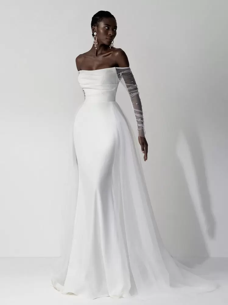 Elitara Elegant Luxurious Bubble Bead Design Long Sleeve Jacket With Detachable Mesh, Ruffled Mermaid Maxi Draped Train Wedding Dress, Suitable For Wedding, Party, Prom, Honeymoon,Bride - Beige - View 1