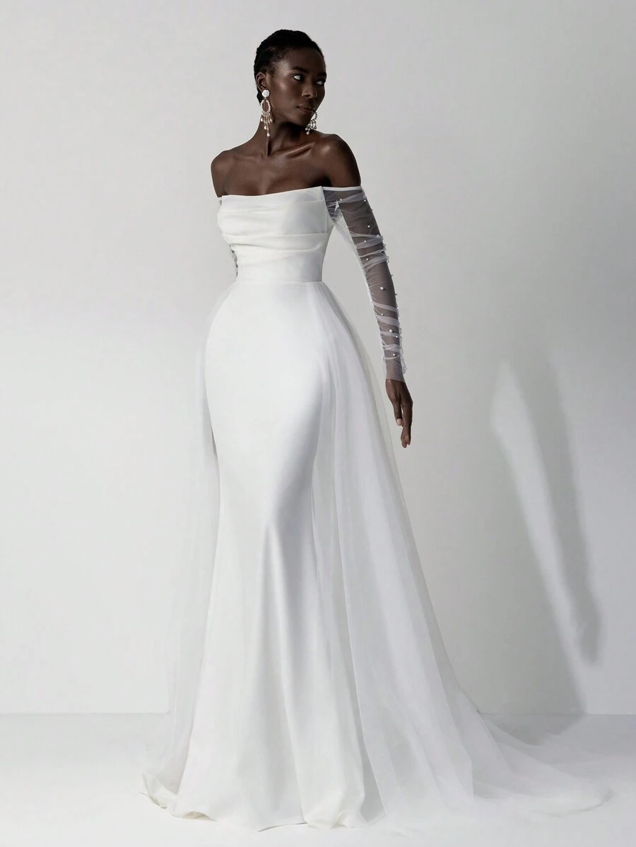 Elitara Elegant Luxurious Bubble Bead Design Long Sleeve Jacket With Detachable Mesh, Ruffled Mermaid Maxi Draped Train Wedding Dress, Suitable For Wedding, Party, Prom, Honeymoon,Bride