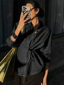DAZY Áo cánh denim buộc dây bên hông cho nữ, phong cách tối giản và thời trang để mặc hàng ngày, áo khoác jeans, quần áo nữ mùa thu dài tay cho nữ - màu đen - Xem 3