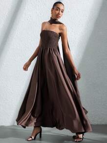 Aveloria Modichic Elegant Minimalist Vintage Money Inspired Design High-End Luxurious 2025 Brown Satin Fabric Pull-On Strapless A-Line Maxi Shirred Dress, Multiple Wearing Ways For Women