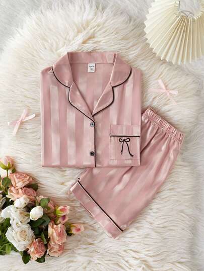 Elladie kids 2pcs Set Teen Girl Classic Stripe Jacquard Bow Embroidered Collar Short Sleeve Shorts Pajamas Home Wear,Summer,Travel
