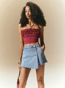 Poéselle Women's Casual Asymmetric Hem Wrap-Style Pre-Washed Front Button Denim Shorts